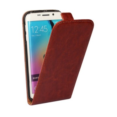 Samsung Galaxy S6 Edge (G925) klasisks ādas vertikāli atvēramais brūns maciņš / Vacins.lv