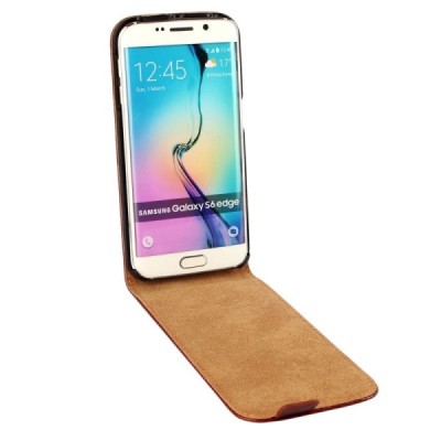 Samsung Galaxy S6 Edge (G925) klasisks ādas vertikāli atvēramais brūns maciņš / Vacins.lv