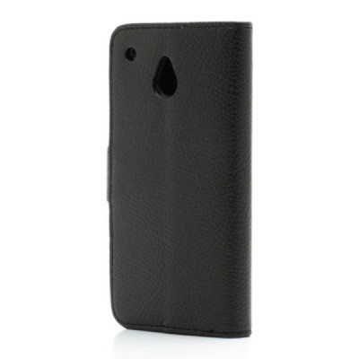 HTC One Mini M4 atvēramais melns ādas Litchi maciņš (maks) / Vacins.lv