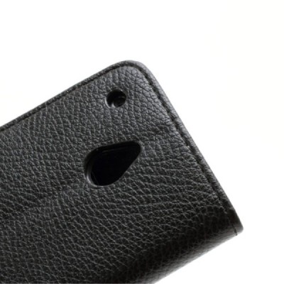 HTC One Mini M4 atvēramais melns ādas Litchi maciņš (maks) / Vacins.lv