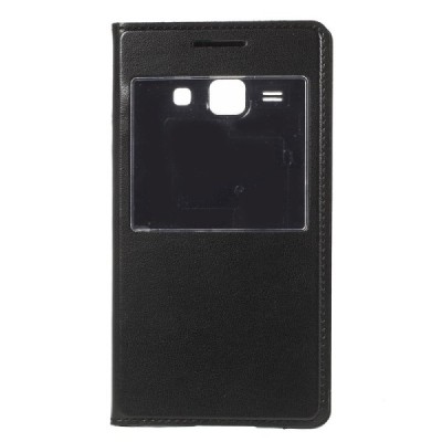 Samsung Galaxy J1 melns atvēramais Smart Window ādas maciņš / Vacins.lv