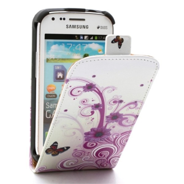 Vertikāli atvēramais puķains maciņš - balts (Galaxy S Duos / S Duos 2 / Trend / Trend Plus)