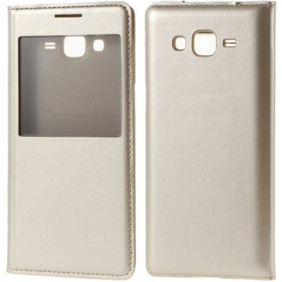 Samsung Galaxy Grand Prime (G530) auksinis odinis atverčiamas „Smart Window“ dėklas su langeliu / Priedai.lt