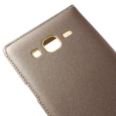 Samsung Galaxy J5 auksinis odinis atverčiamas dėklas su langeliu / Priedai.lt