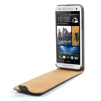 HTC One mini klasisks ādas vertikāli atvēramais melns futrālis / Vacins.lv