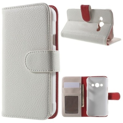 Samsung Galaxy Xcover 3 (G388) atverčiamas baltas odinis Litchi dėklas - piniginė / Priedai.lt