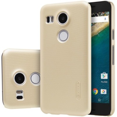 LG Nexus 5X Nillkin Frosted Shield auksinis plastikinis dėklas + apsauginė ekrano plėvelė / Priedai.lt
