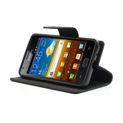 Samsung Galaxy S2 „Mercury“ atvērams melns ādas futrālis - maciņš / Vacins.lv