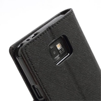 Samsung Galaxy S2 „Mercury“ atvērams melns ādas futrālis - maciņš / Vacins.lv