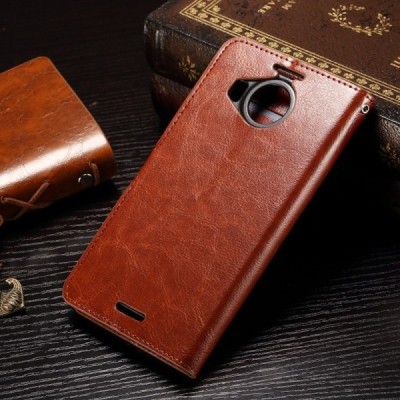 Microsoft Lumia 950 XL atverčiamas rudas odinis dėklas - piniginė / Priedai.lt