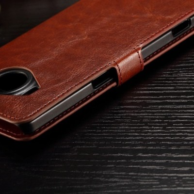 Microsoft Lumia 950 XL atverčiamas rudas odinis dėklas - piniginė / Priedai.lt