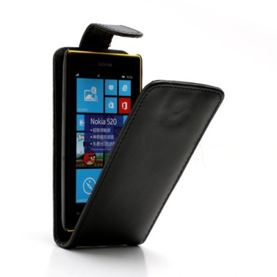Nokia Lumia 520 klasisks ādas vertikāli atvēramais melns futrālis / Vacins.lv