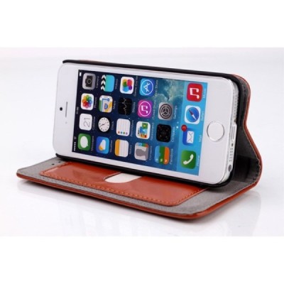 Apple iPhone 5S solīds atvēramais ādas brūns maciņš / Vacins.lv