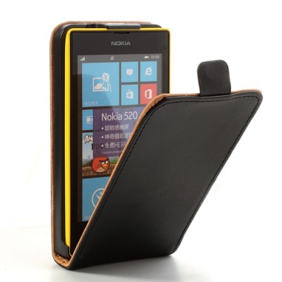Nokia Lumia 520 klasisks ādas vertikāli atvēramais melns maciņš / Vacins.lv