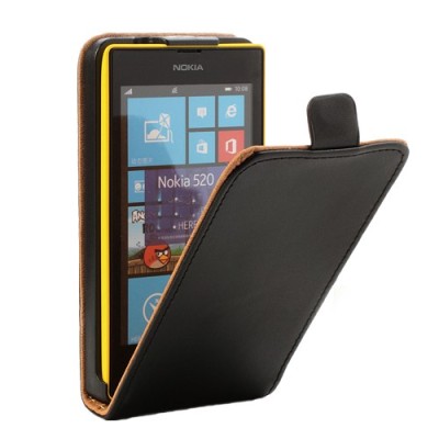Nokia Lumia 520 klasisks ādas vertikāli atvēramais melns maciņš / Vacins.lv