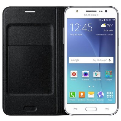 Samsung Galaxy J5 oficiāls Flip Wallet Cover atvērams melns ādas maciņš (maks) / Vacins.lv