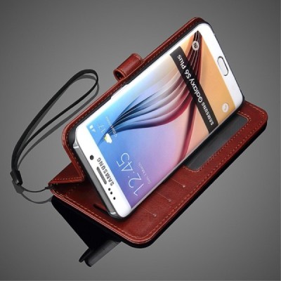 Samsung Galaxy S6 Edge+ (G928) atverčiamas rudas odinis dėklas - piniginė / Priedai.lt