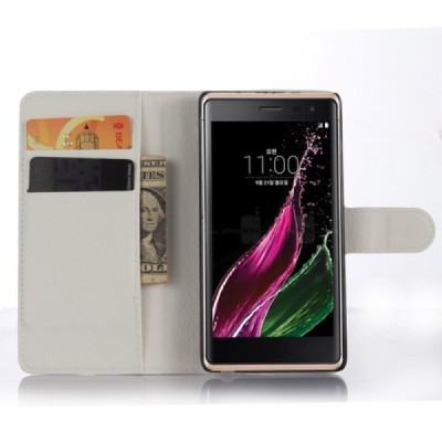 LG Zero (H650E) atverčiamas baltas odinis Litchi dėklas - piniginė / Priedai.lt