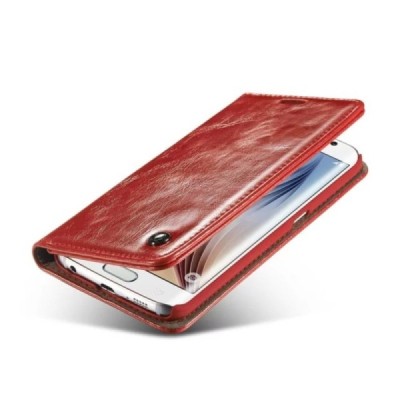 Samsung Galaxy S6 Edge (G925) „CaseMe“ solīds atvēramais ādas sarkans maciņš - maks / Vacins.lv