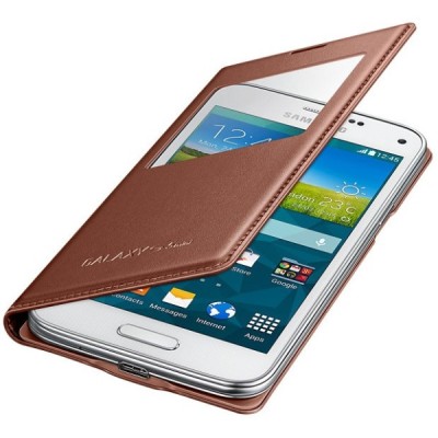 Samsung Galaxy S5 mini (G800) S View Cover atvērams zelta ādas maciņš (EF-CG800b) / Vacins.lv