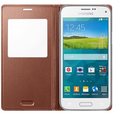 Samsung Galaxy S5 mini (G800) S View Cover atvērams zelta ādas maciņš (EF-CG800b) / Vacins.lv
