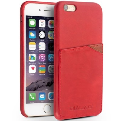 Apple iPhone 6s „QIALINO“ Genuine Leather sarkans ādas apvalks ar iebūvētu karšu turētāju / Vacins.lv