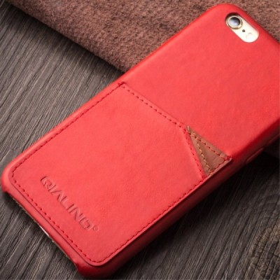 Apple iPhone 6s „QIALINO“ Genuine Leather sarkans ādas apvalks ar iebūvētu karšu turētāju / Vacins.lv