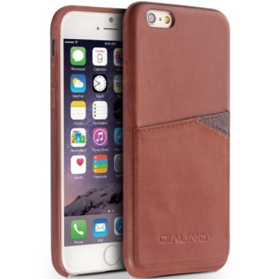 „QIALINO“ Genuine Leather Apple iPhone 6s šviesiai rudas odinis dėklas - nugarėlė su kišenėle kortelėms / Priedai.lt