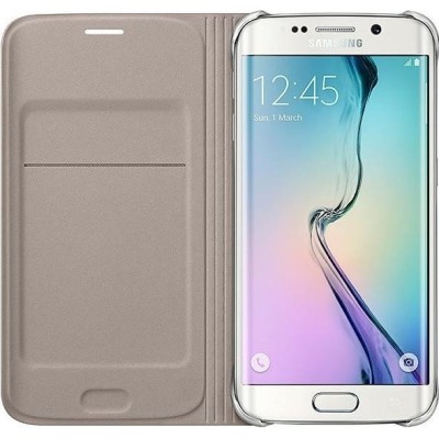 Samsung Galaxy S6 Edge oficiāls Flip Wallet Cover atvērams zelta ādas maciņš / Vacins.lv