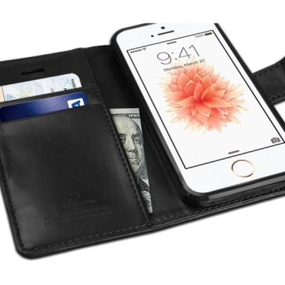 Mercury Blue Moon Apple iPhone 5 / 5S atvērams melns ādas maciņš / Vacins.lv