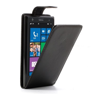 Nokia Lumia 1020 klasisks ādas vertikāli atvēramais melns futrālis / Vacins.lv