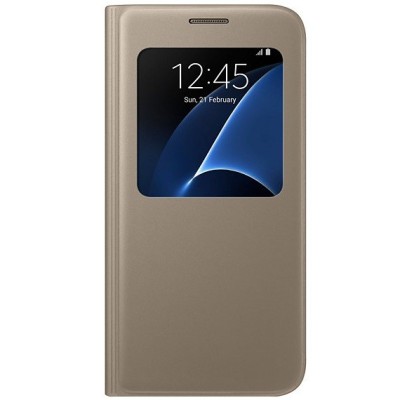 Samsung Galaxy S7 G930 oficiāls S View Cover atvērams zelta ādas maciņš / Vacins.lv