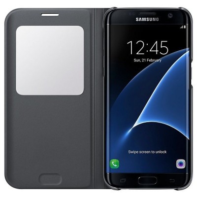 Samsung Galaxy S7 Edge G935 oficiāls S View Cover atvērams melns ādas maciņš / Vacins.lv