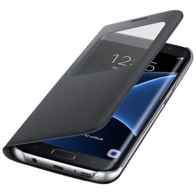 Samsung Galaxy S7 Edge G935 oficiāls S View Cover atvērams melns ādas maciņš / Vacins.lv