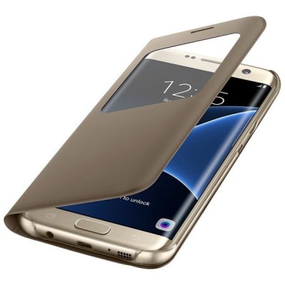 Samsung Galaxy S7 Edge G935 oficiāls S View Cover atvērams zelta ādas maciņš / Vacins.lv