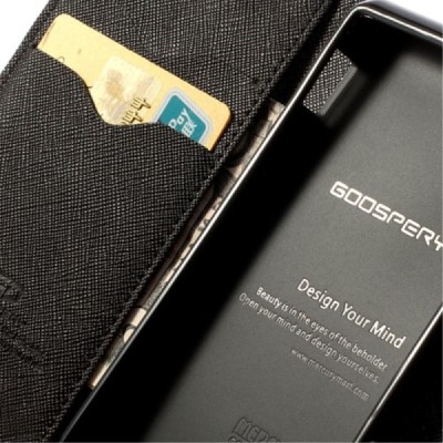 „Mercury“ Sony Xperia J juodas/rudas odinis atverčiamas dėklas - piniginė / Priedai.lt
