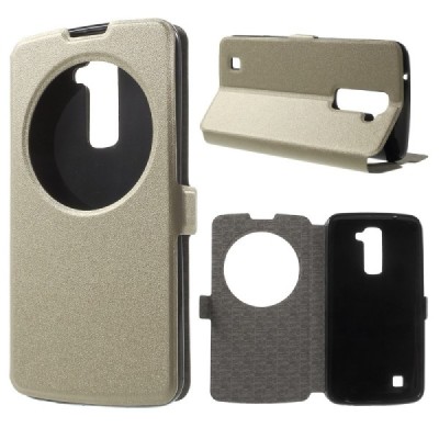 LG K10 (K420N) zelta atvēramais ādas maciņš / Vacins.lv