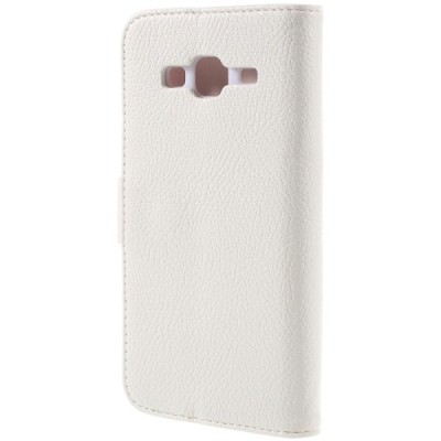 Samsung Galaxy J3 2016 (J320) atverčiamas baltas odinis Litchi dėklas - piniginė / Priedai.lt