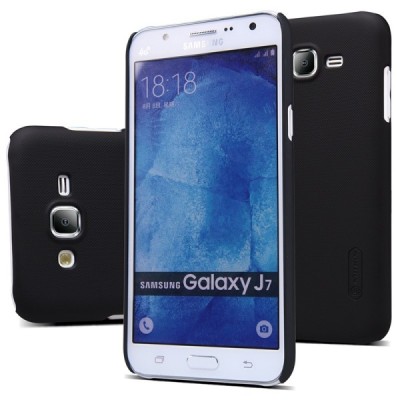 Samsung Galaxy J7 (J700) Nillkin Frosted Shield melns plastmasas apvalks + ekrāna aizsargplēve / Vacins.lv