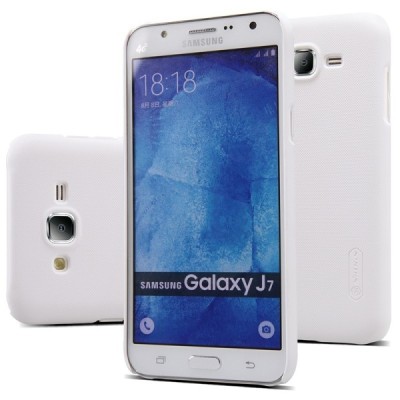 Samsung Galaxy J7 (J700) Nillkin Frosted Shield baltas plastikinis dėklas + apsauginė ekrano plėvelė / Priedai.lt