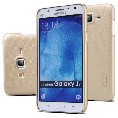 Samsung Galaxy J7 (J700) Nillkin Frosted Shield auksinis plastikinis dėklas + apsauginė ekrano plėvelė / Priedai.lt