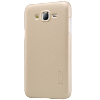 Samsung Galaxy J7 (J700) Nillkin Frosted Shield auksinis plastikinis dėklas + apsauginė ekrano plėvelė / Priedai.lt
