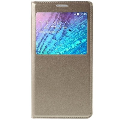 Samsung Galaxy J7 (J700) auksinis odinis atverčiamas dėklas su langeliu / Priedai.lt