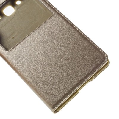 Samsung Galaxy J7 (J700) auksinis odinis atverčiamas dėklas su langeliu / Priedai.lt
