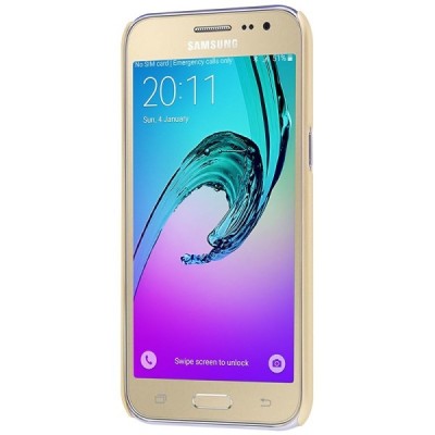 Samsung Galaxy J2 (J200) Nillkin Frosted Shield auksinis plastikinis dėklas + apsauginė ekrano plėvelė / Priedai.lt