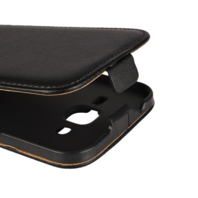 Samsung Galaxy J2 (J200) klasisks ādas vertikāli atvēramais melns maciņš / Vacins.lv