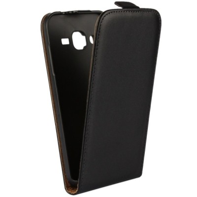 Samsung Galaxy J2 (J200) klasisks ādas vertikāli atvēramais melns maciņš / Vacins.lv