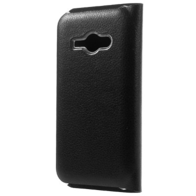 Samsung Galaxy J1 Ace (J110) juodas odinis atverčiamas Smart Wallet dėklas - piniginė / Priedai.lt