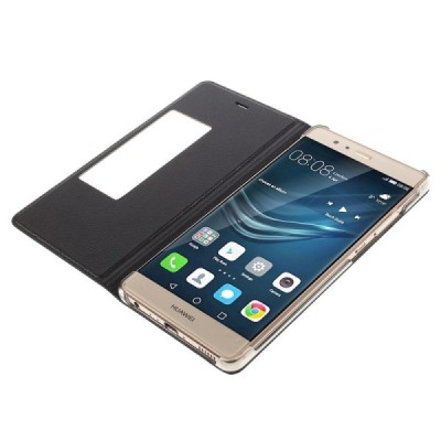 Huawei P9 melns atvēramais Smart Window ādas maciņš / Vacins.lv