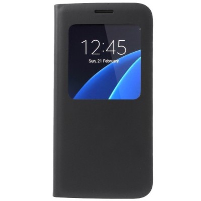 Samsung Galaxy S7 (G930) juodas odinis atverčiamas dėklas su langeliu / Priedai.lt